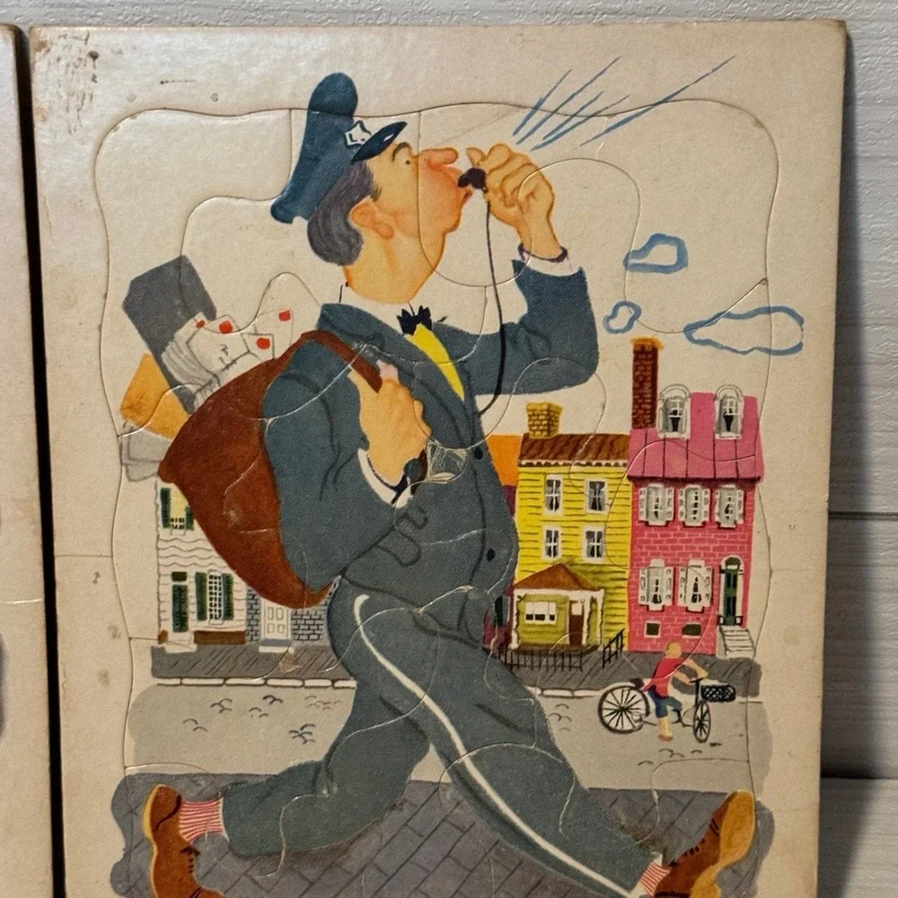 Vintage Playskool Inset Puzzles Milkman Mailman Made in USA Set of 2 MCM Folkart